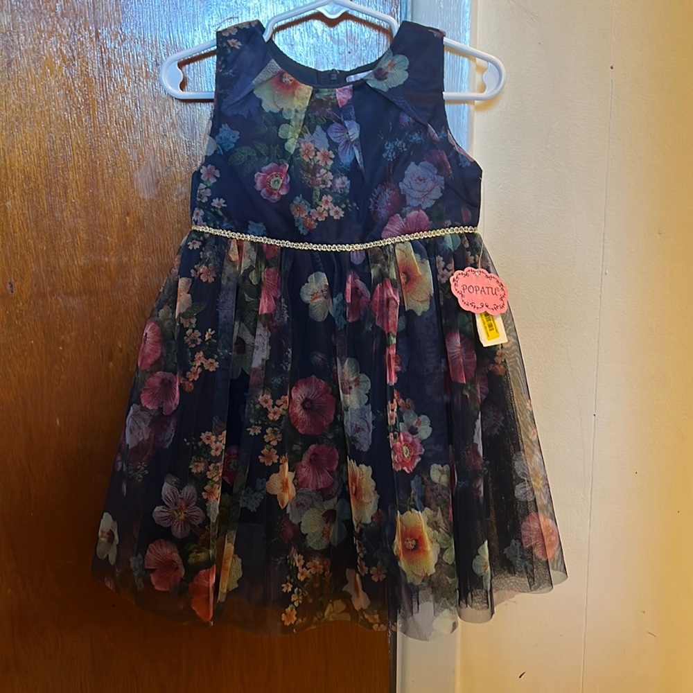 Popatu dress 2T Navy blue with gold accents and floral pattern